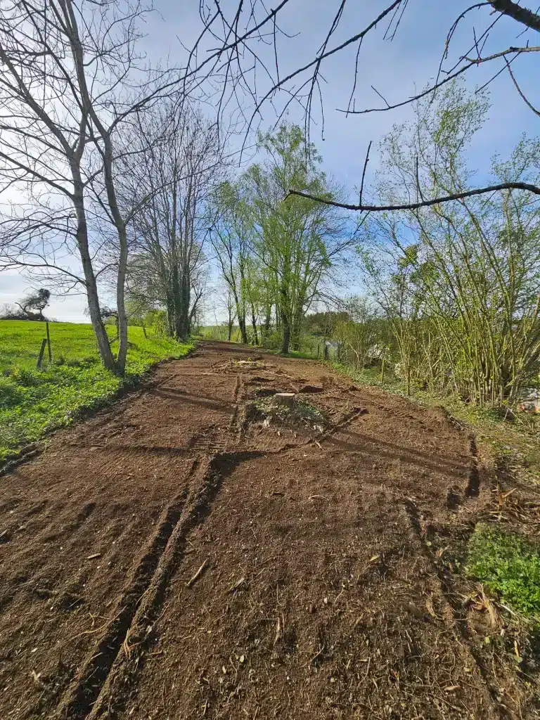 Travaux d'entretien forestier effectués en zone rurale.